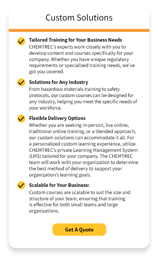 Custom course solutions from CHEMTREC, offering tailored training, flexible industry solutions, and scalable programs for businesses