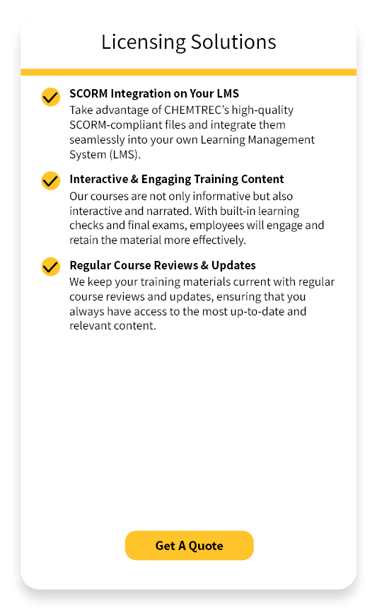 Licensing solutions from CHEMTREC, including SCORM integration, interactive training content, and regular course updates
