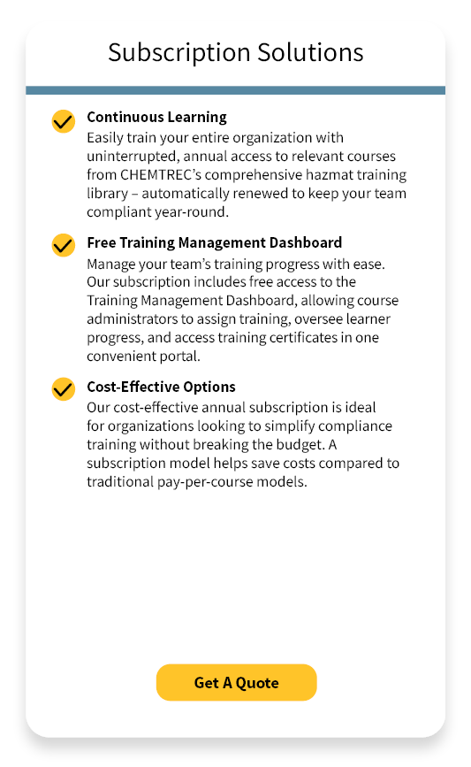 Subscription solutions from CHEMTREC, including LMS Teams site, unlimited manager accounts, and certification access